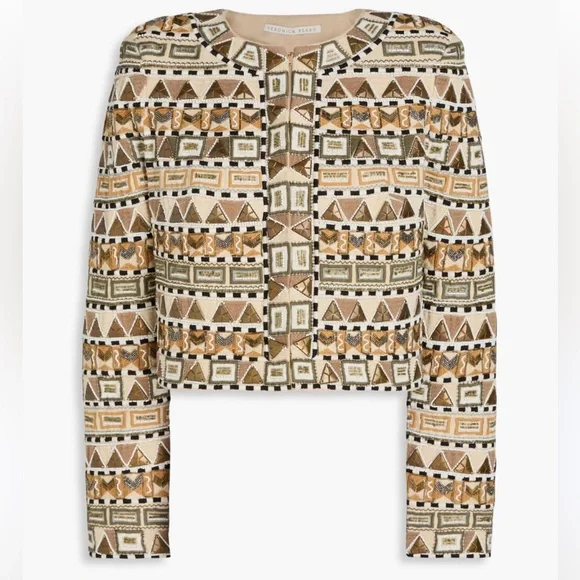 Veronica Beard Daryl Embellished Tan Brown Geometric Cotton Jacket - Picture 1 of 14
